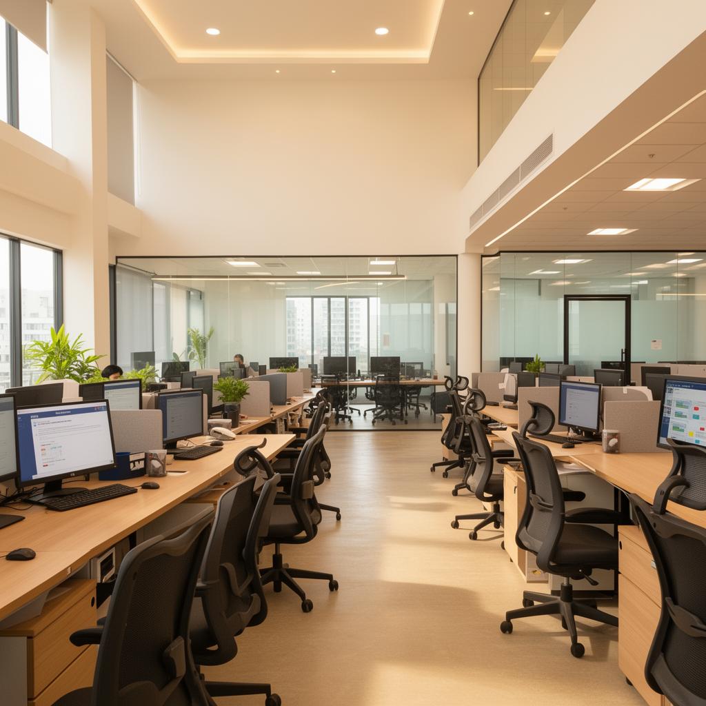 Modern BPO office workspace with ergonomic workstations