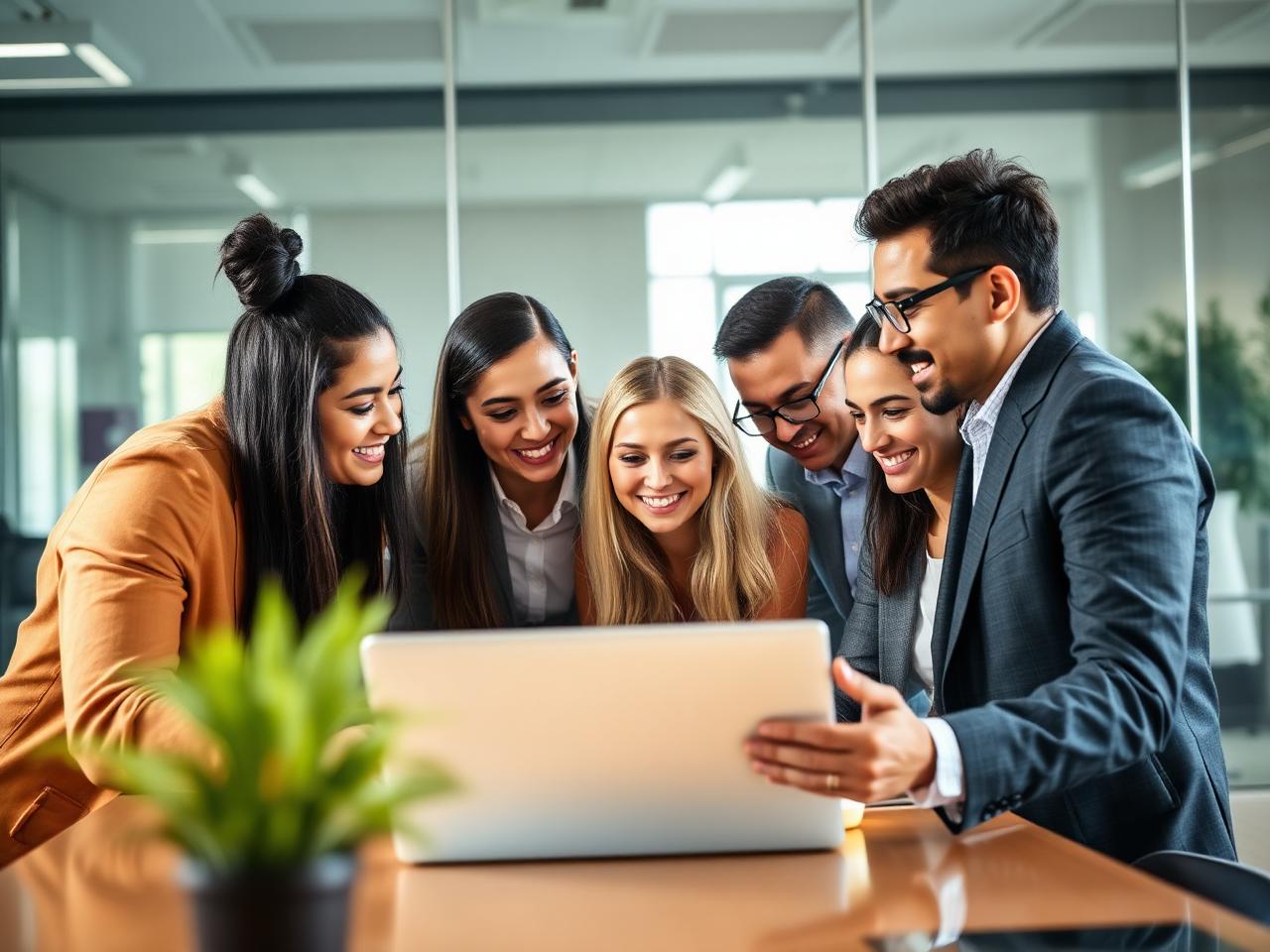 International business team collaborating in a modern office